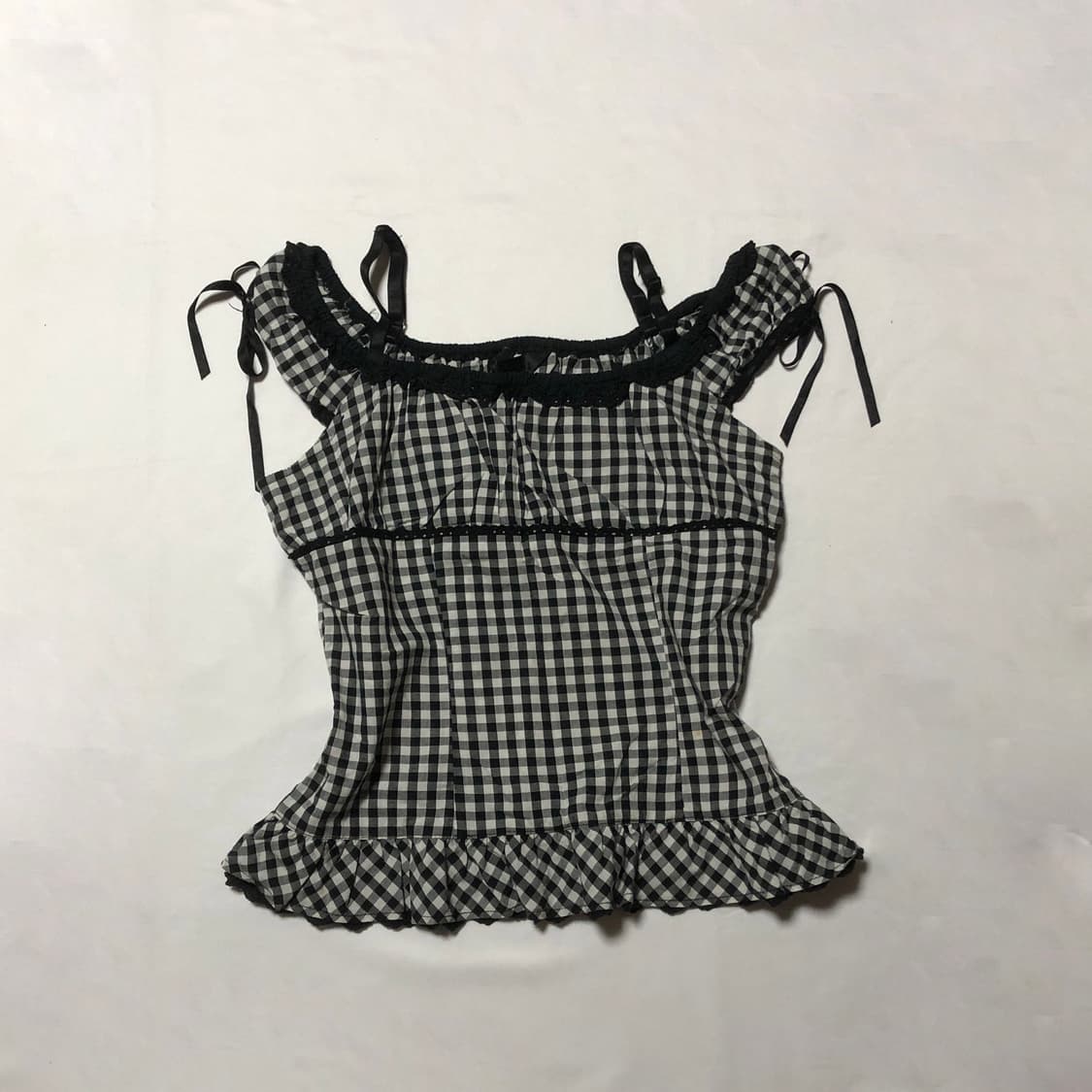 레이스 깅엄체크 블라우스 블랙 상품이미지1
