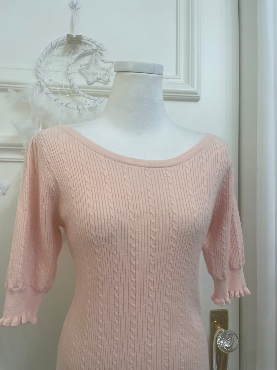coral pink twist back bow half knit top 상품이미지7
