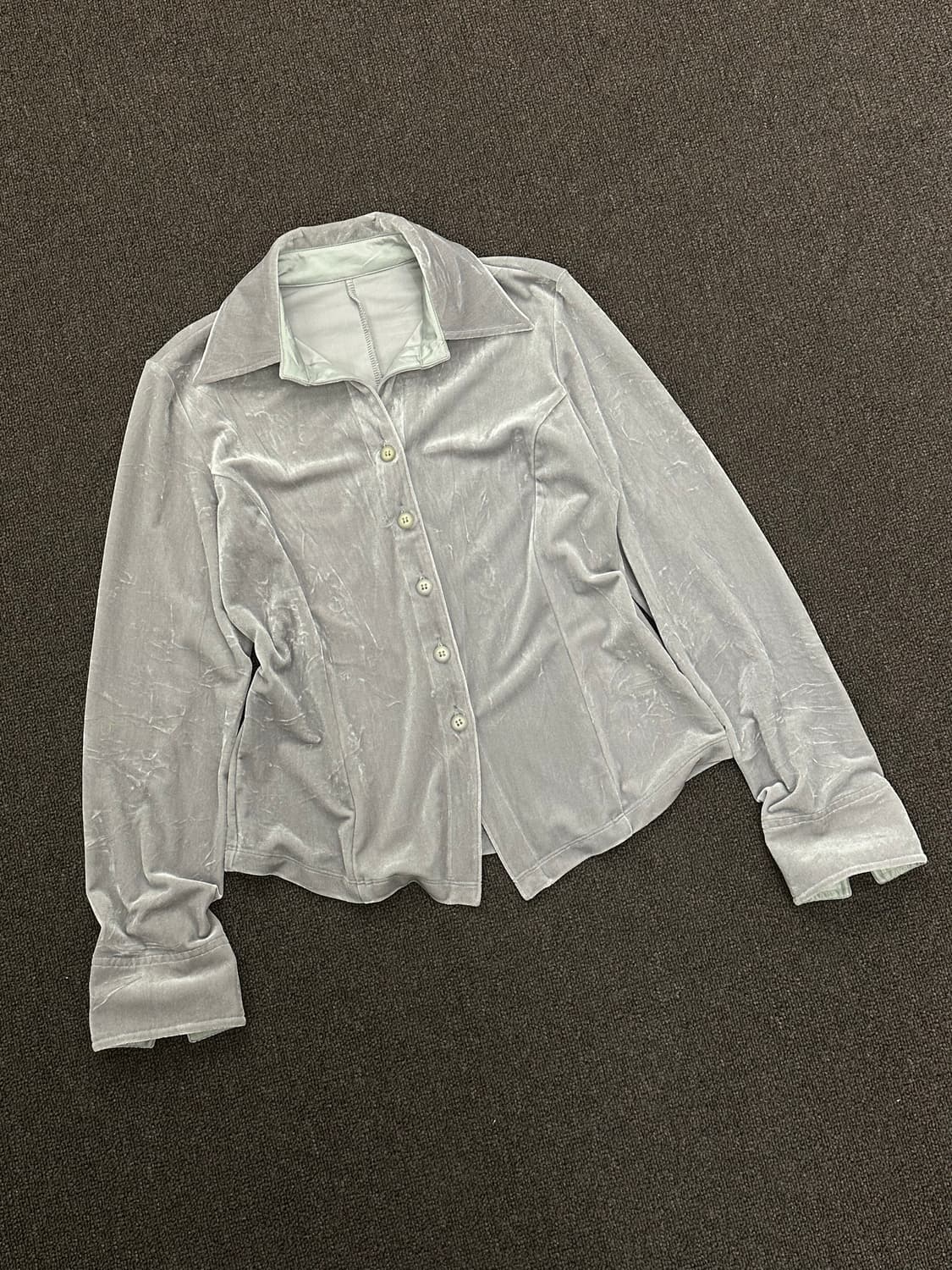 OS)Christian Aujard 빈티지 여성 그레이 벨벳 브이넥 셔츠 상품이미지1