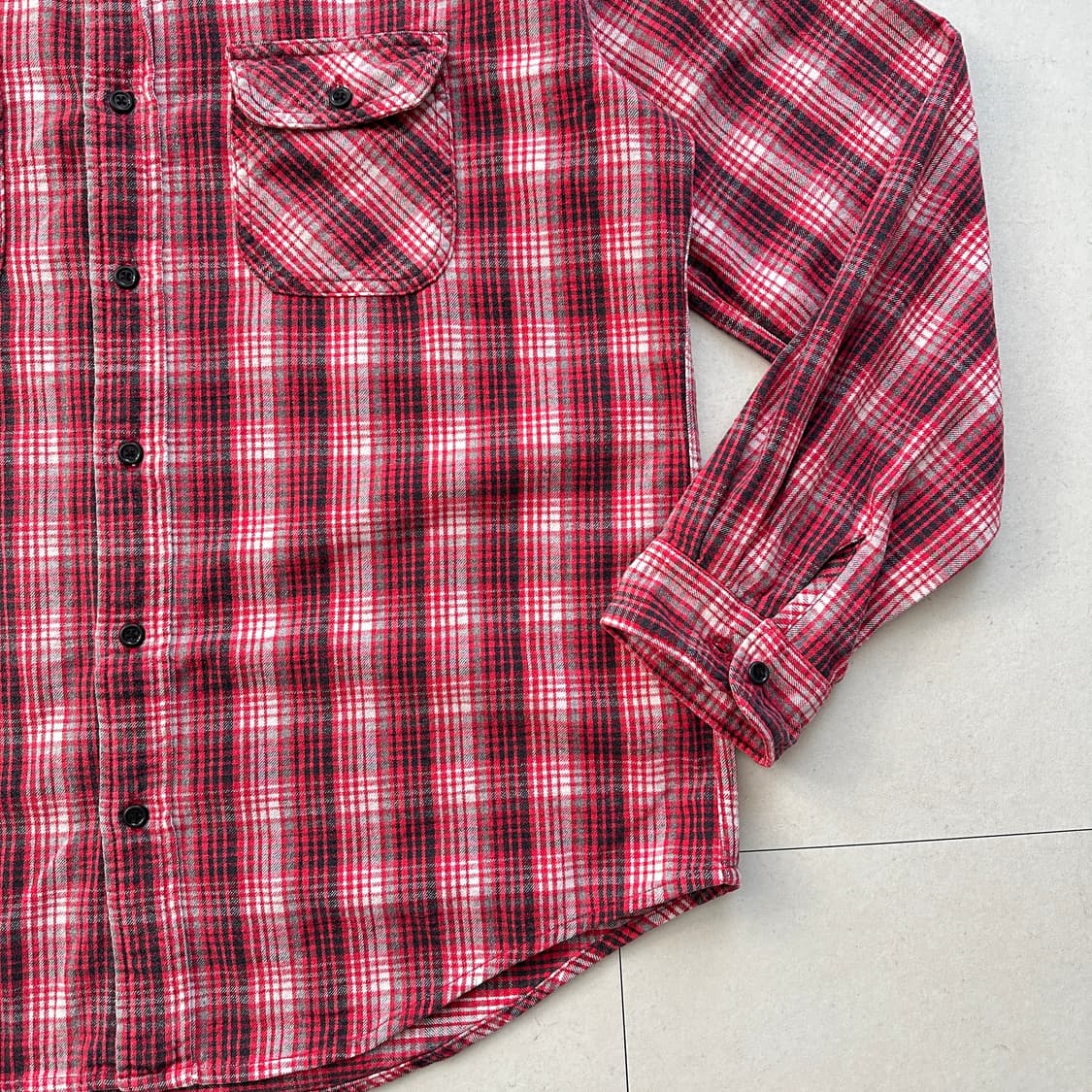90s EDWIN 에드윈 빈티지 레드 체크 플란넬 셔츠 XL  상품이미지3