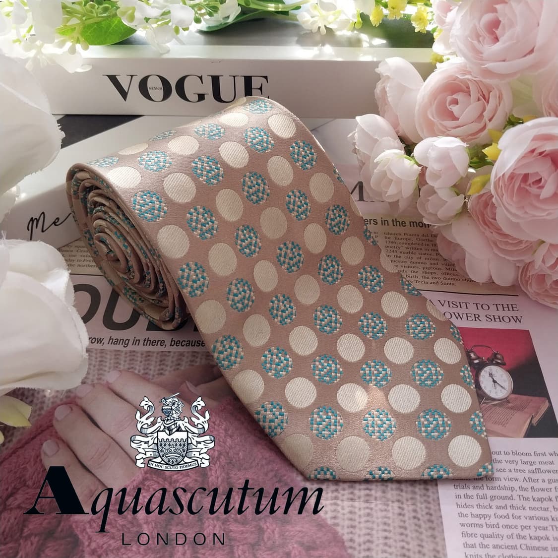 아쿠아스큐텀 실크 베이지 도트 패턴 넥타이 9.2cm A+등급 K1957 상품이미지1