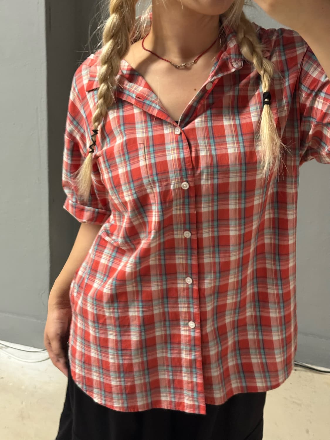 red check pattern hood shirt  상품이미지3