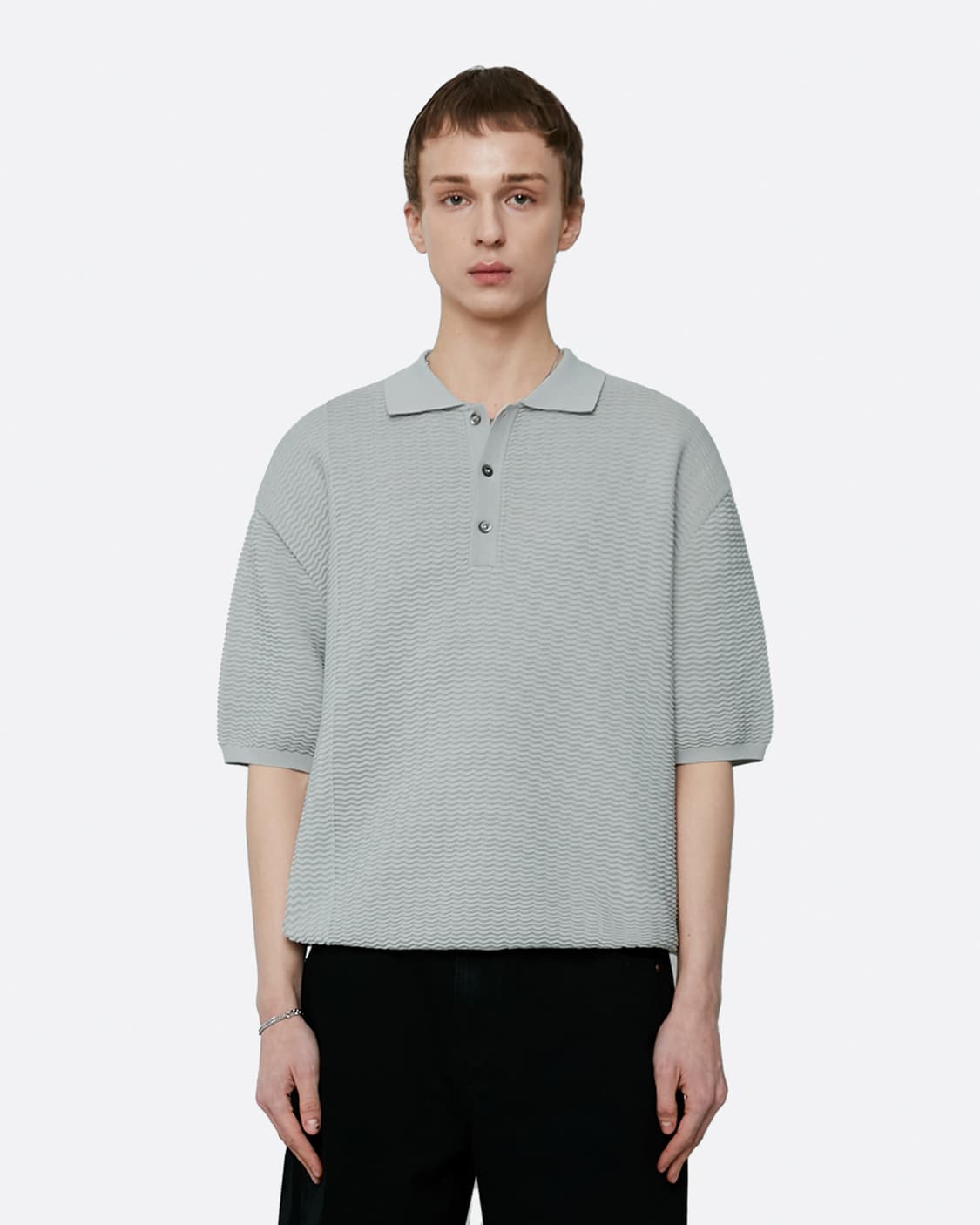 엘무드 웨이브 절개 PK 하프 니트 반팔 셔츠 CLOUD GRAY 44 상품이미지1