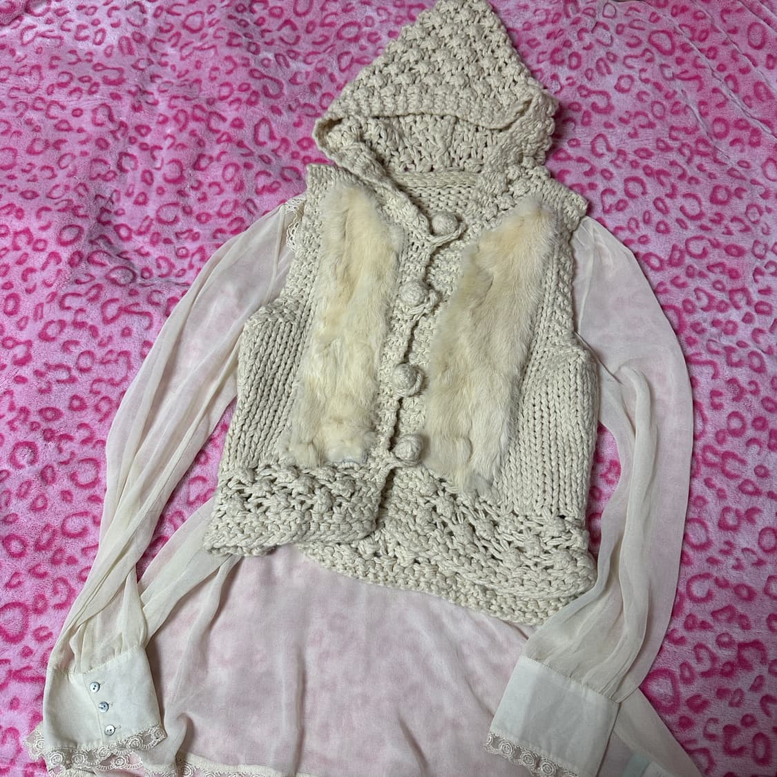 빈티지 갸루 폼폼 토끼털 퍼 크로쉐 니트 조끼 베스트 상품이미지3