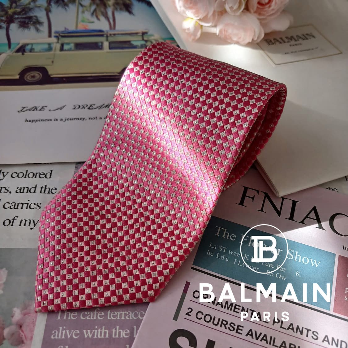 피에르 발망 실크 핑크 체크 패턴 넥타이 9.1cm A+등급 A18927 상품이미지3