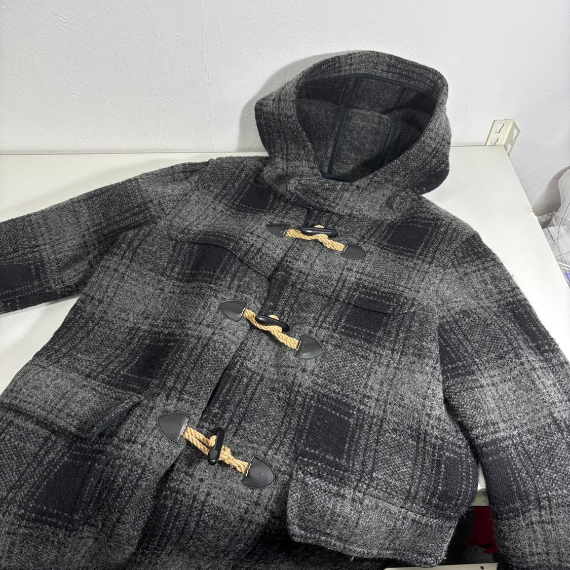 우먼M-L 갭 GAP 검그레이 체크 울 후드더플코트 떡볶이코트 상품이미지1