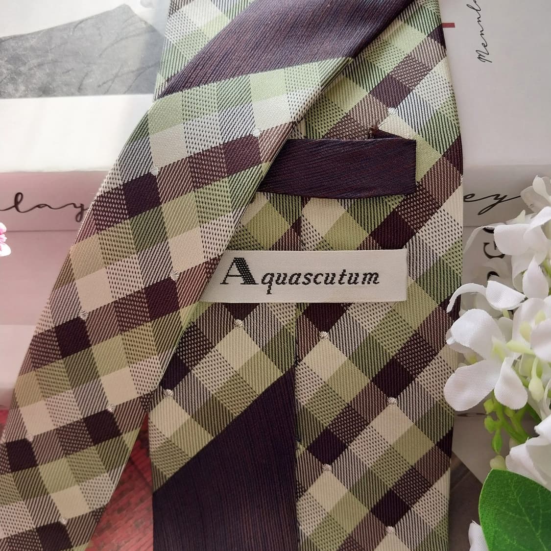 아쿠아스큐텀 실크 브라운 체크 믹스 넥타이 9.5cm A+등급 K1527 상품이미지5