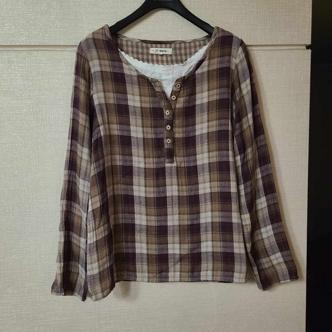 일본 빈티지 브라운 체크 레이어드 긴팔 티셔츠 블라우스 레이스 모리걸 상품이미지1