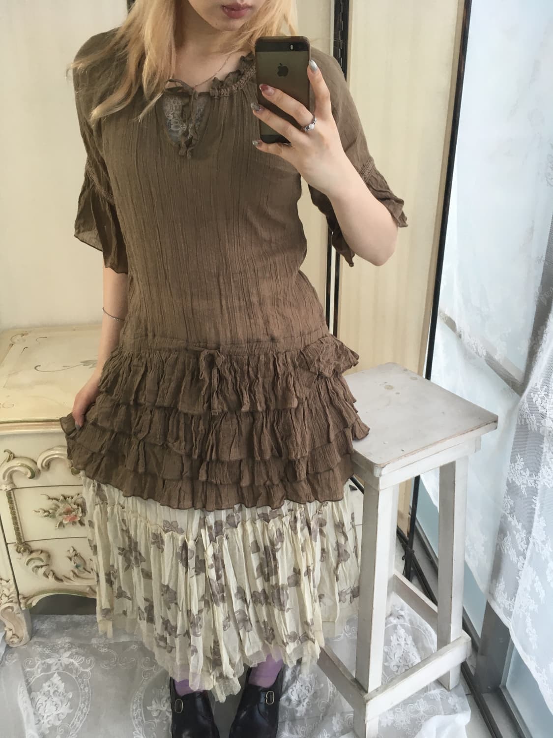 빈티지 모리 브라운 쉬폰 레이어드 캉캉 원피스 상품이미지4