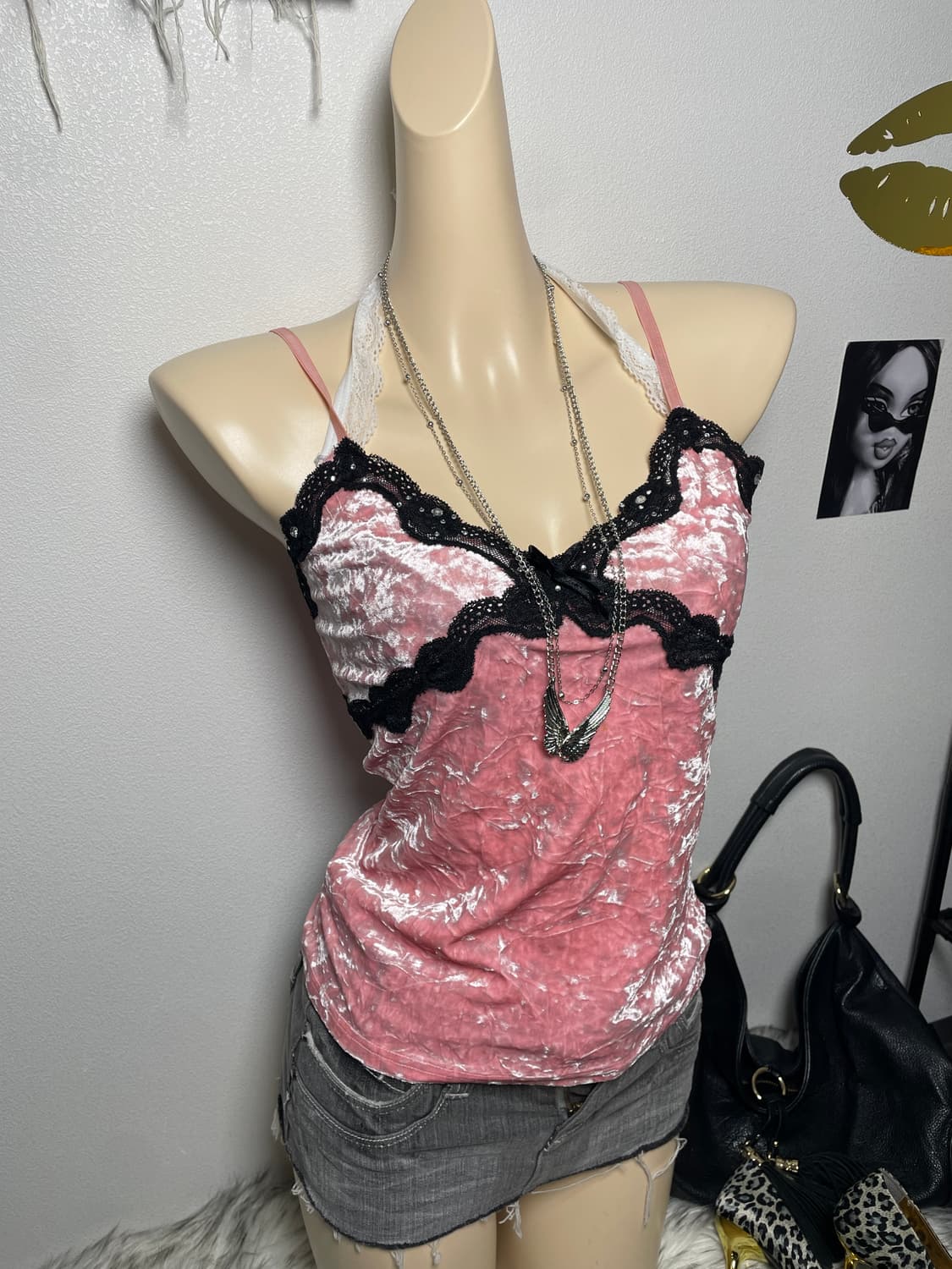 갸루 러블리 핑크 블랙 벨벳 레이스 슬리브리스 상품이미지1