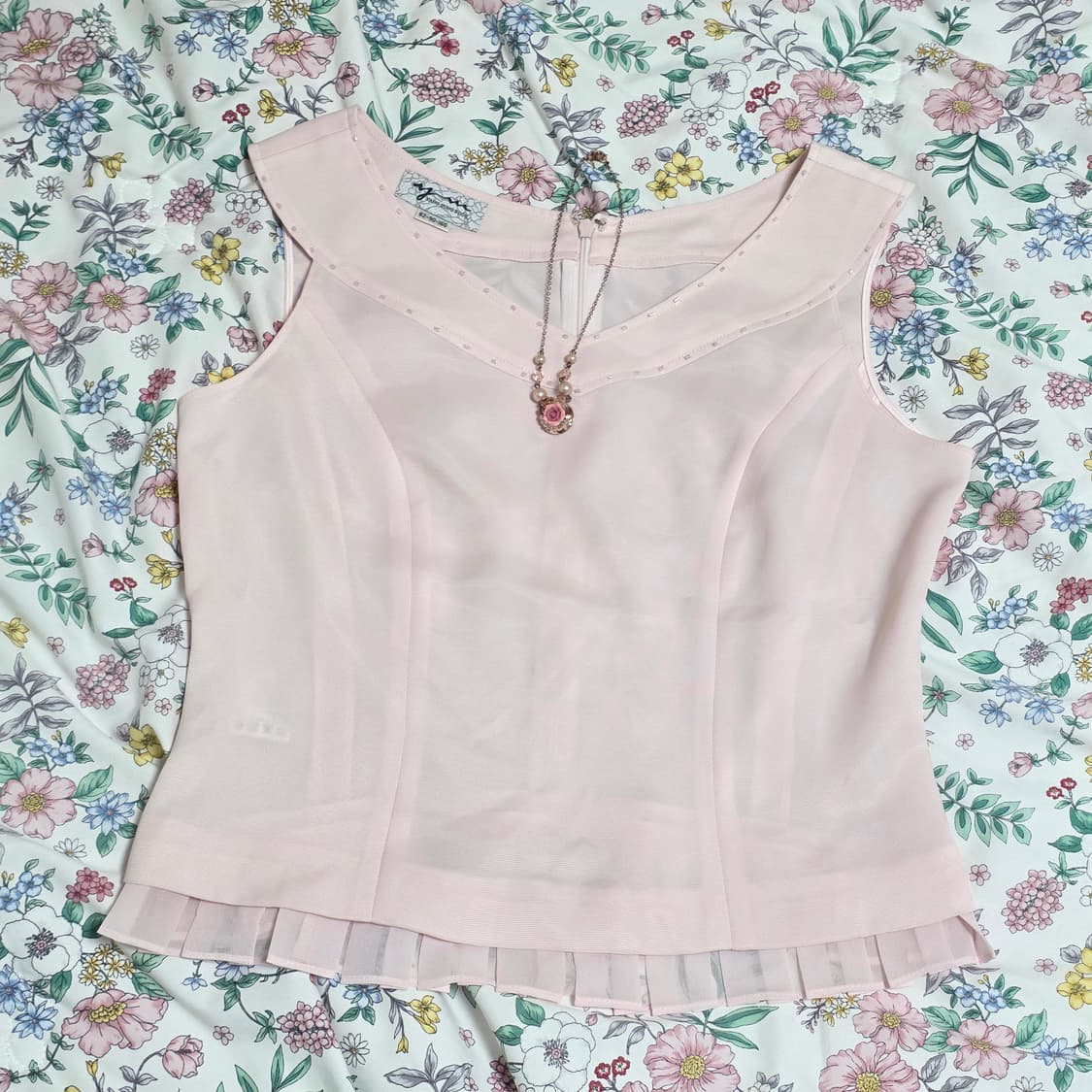 빈티지)핑크딸기우유 로맨틱 히메갸루 새틴 쉬폰 슬리브리스민소매블라우스 상품이미지2