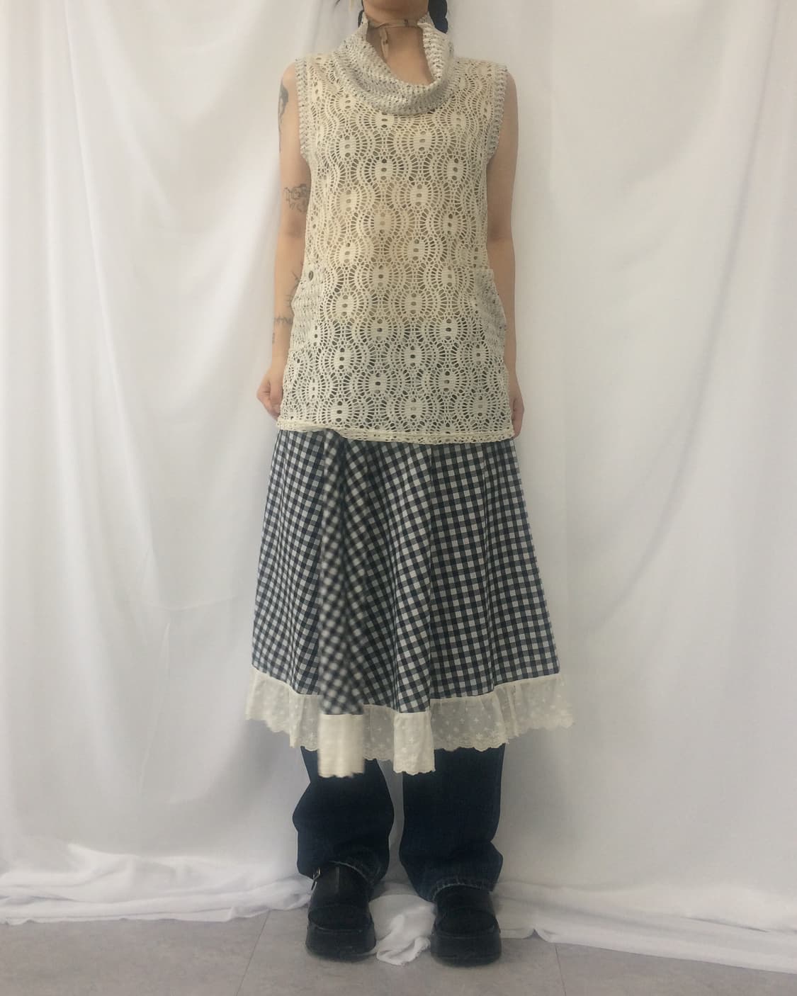 Punching trimming check pattern long ski 상품이미지7