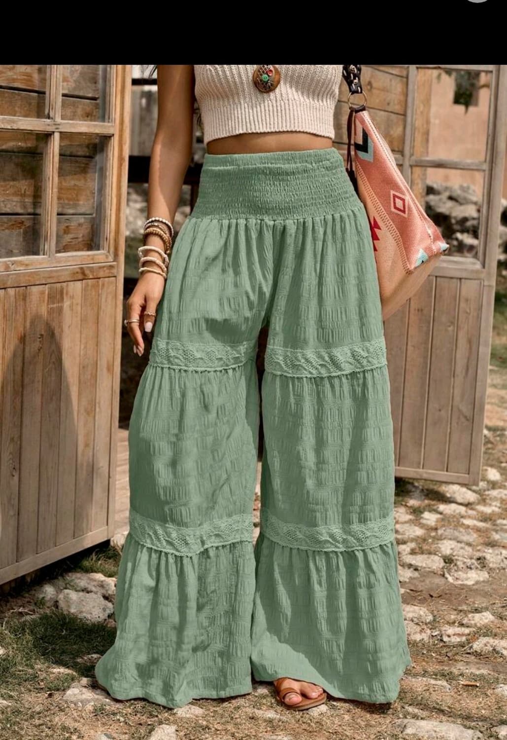 boho 보헤미안 히피 스타일 카키 롱 와이드 팬츠 캉캉 바지 빈티지 상품이미지6