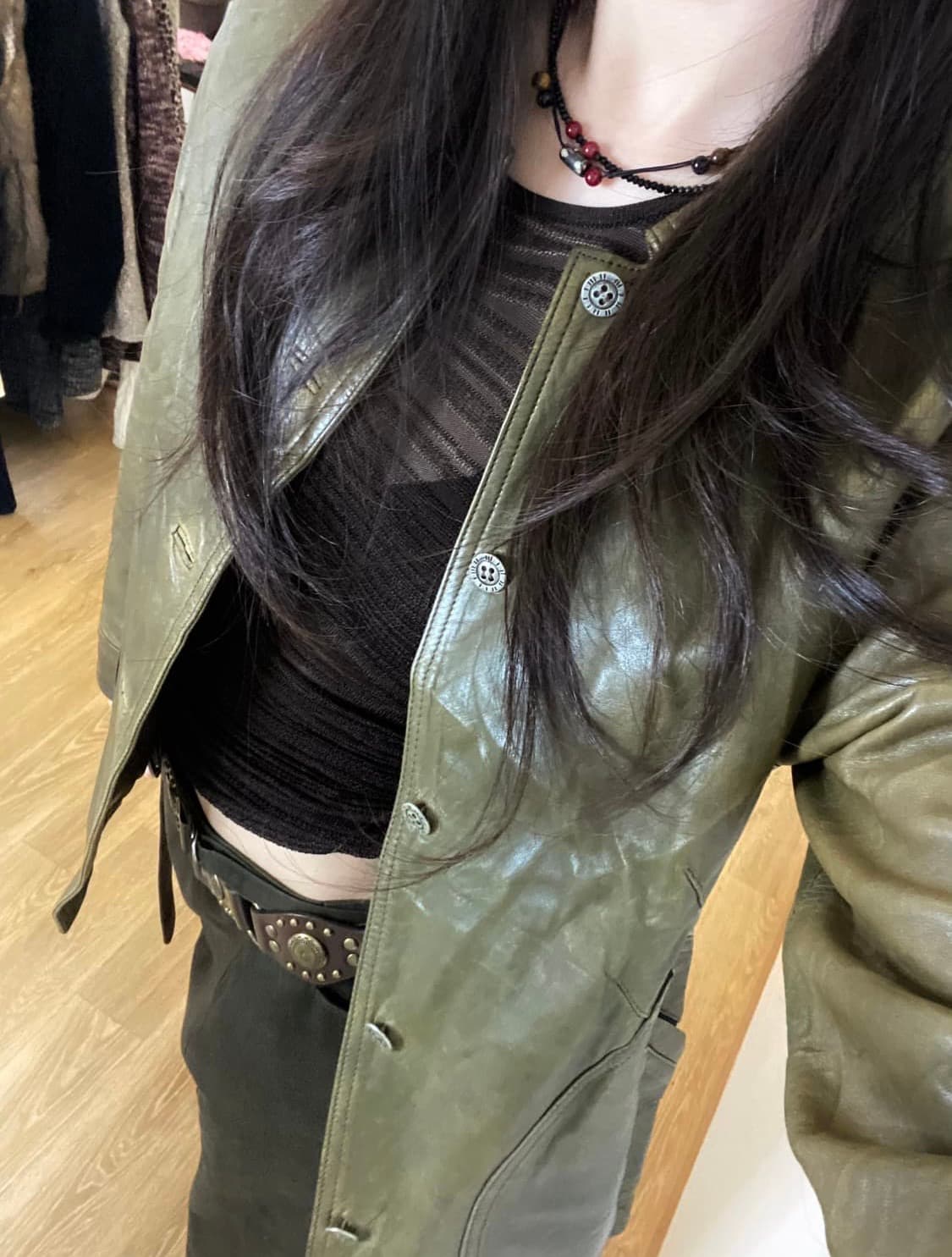 빈티지 레더 자켓 카키 상품이미지3