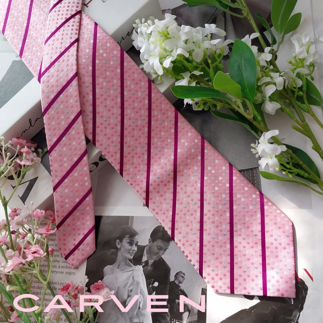까르뱅 실크 핑크 스트라이프 도트 넥타이 8.8cm A+등급 K2224
 상품이미지2