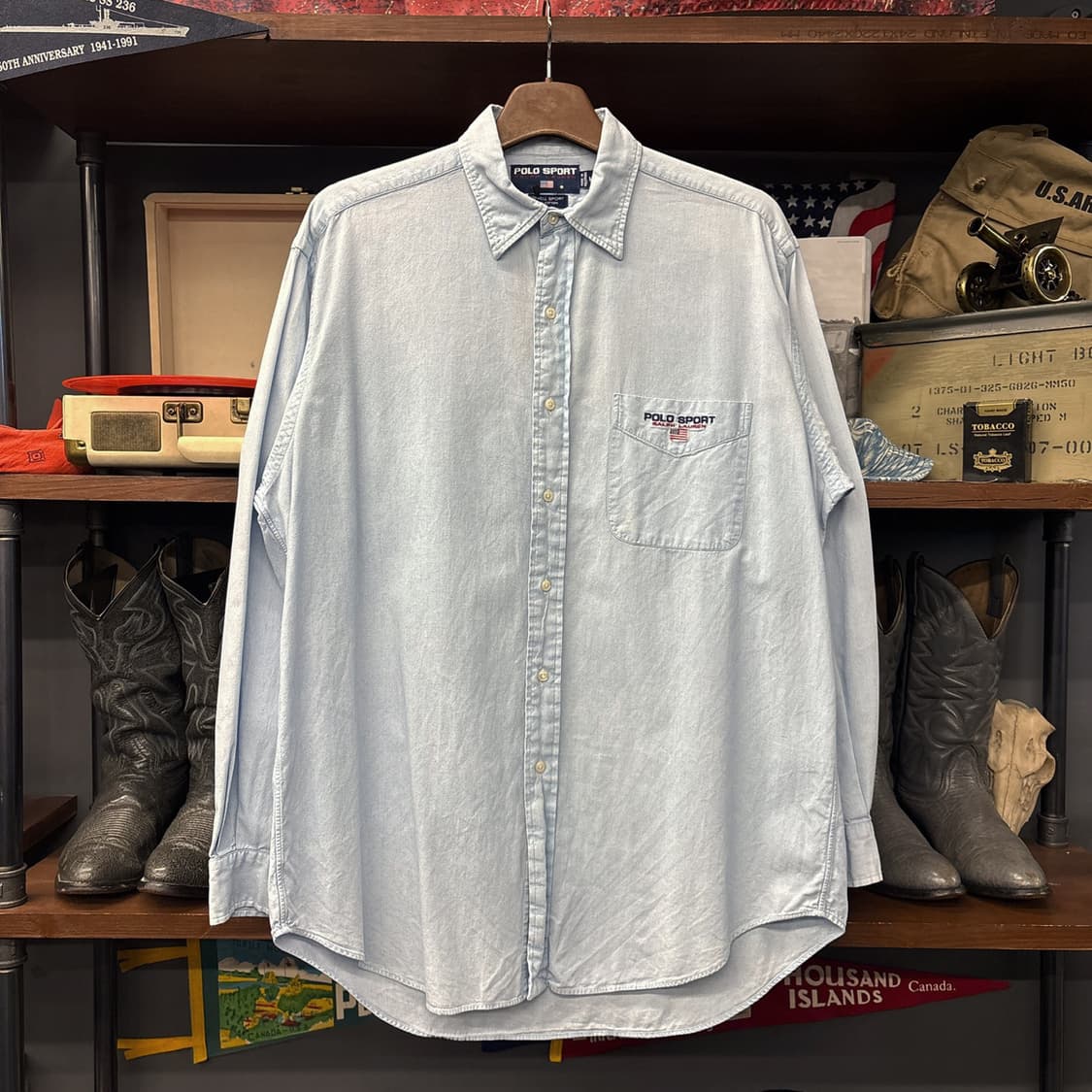 90s 폴로스포츠 올드스쿨 라인 시그니처 로고자수 샴브레이셔츠 N1011 상품이미지1