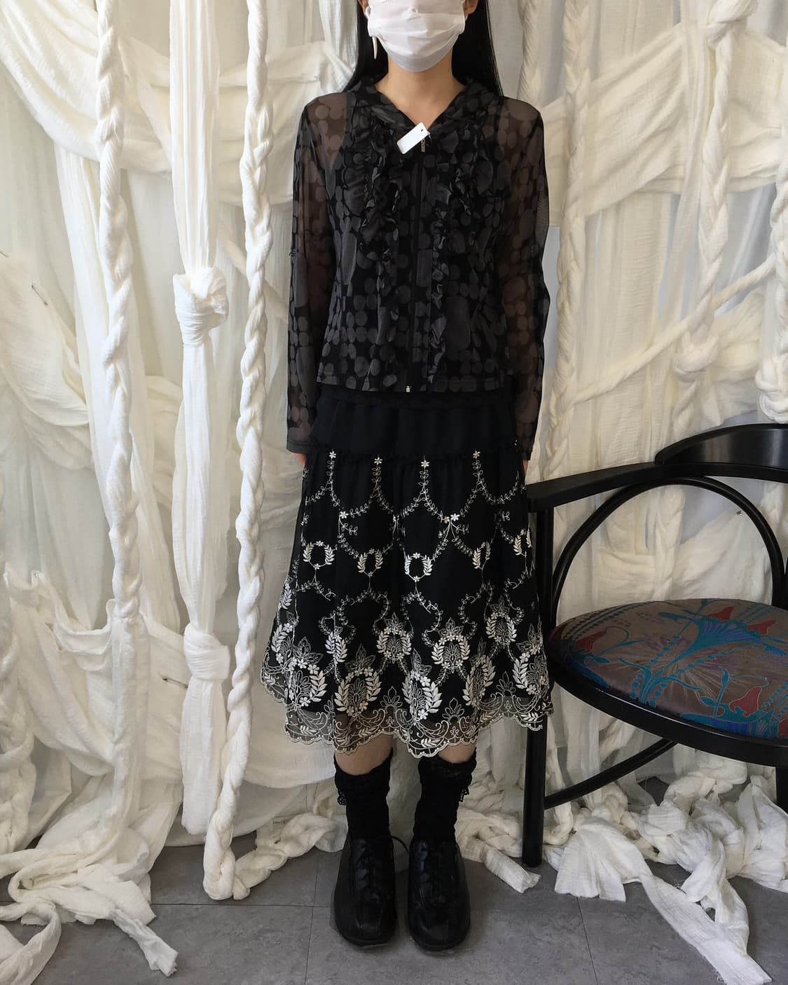 Dot pattern mixed frill hood mesh zip up 상품이미지7