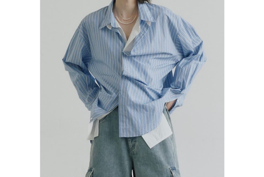NOIRER 레이어드 더블카라 스트라이프 셔츠  상품이미지1