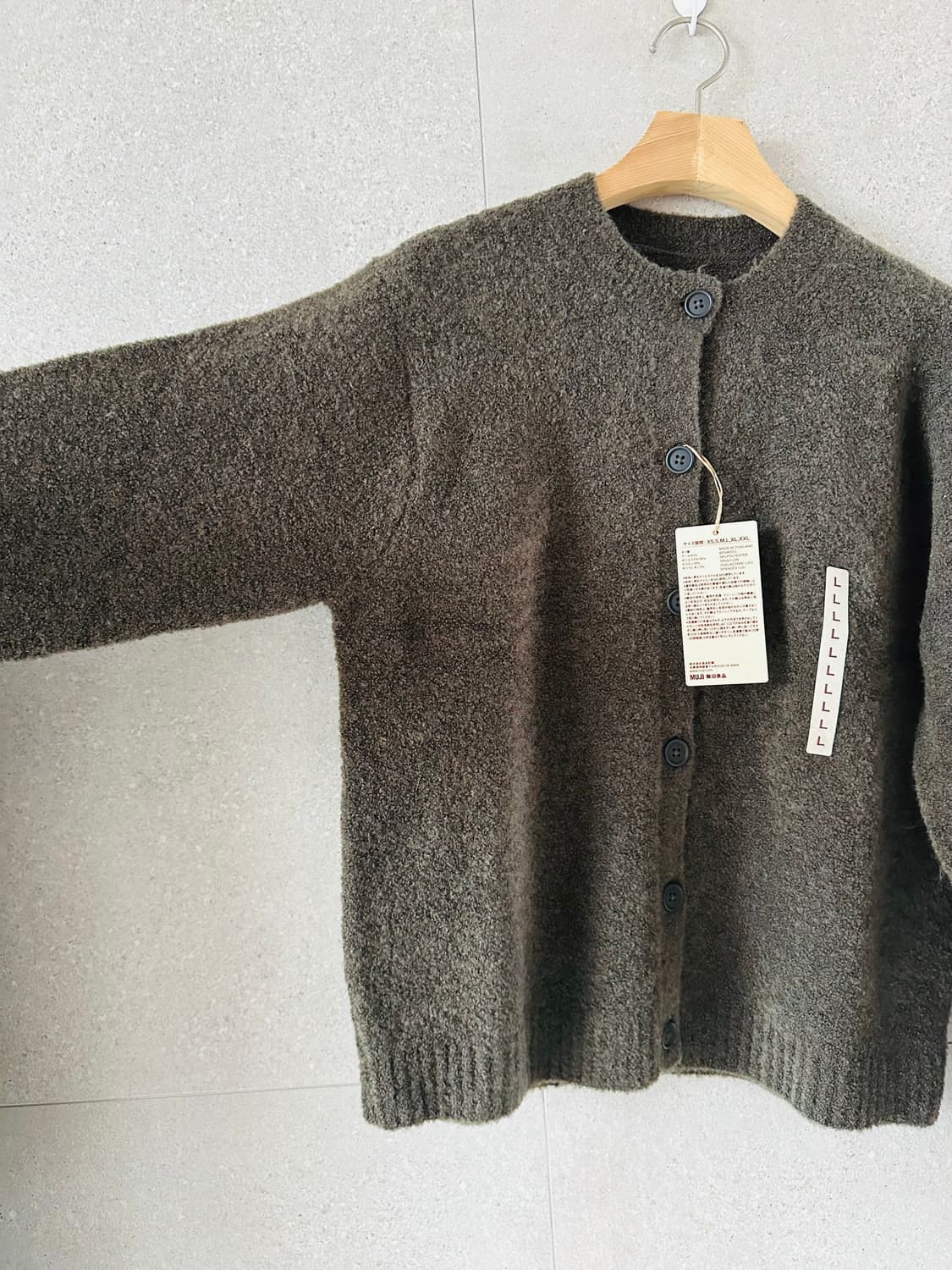 무인양품 무지 여성 울혼방 부클레 가디건 카키그린 L사이즈 새상품 무배 상품이미지3