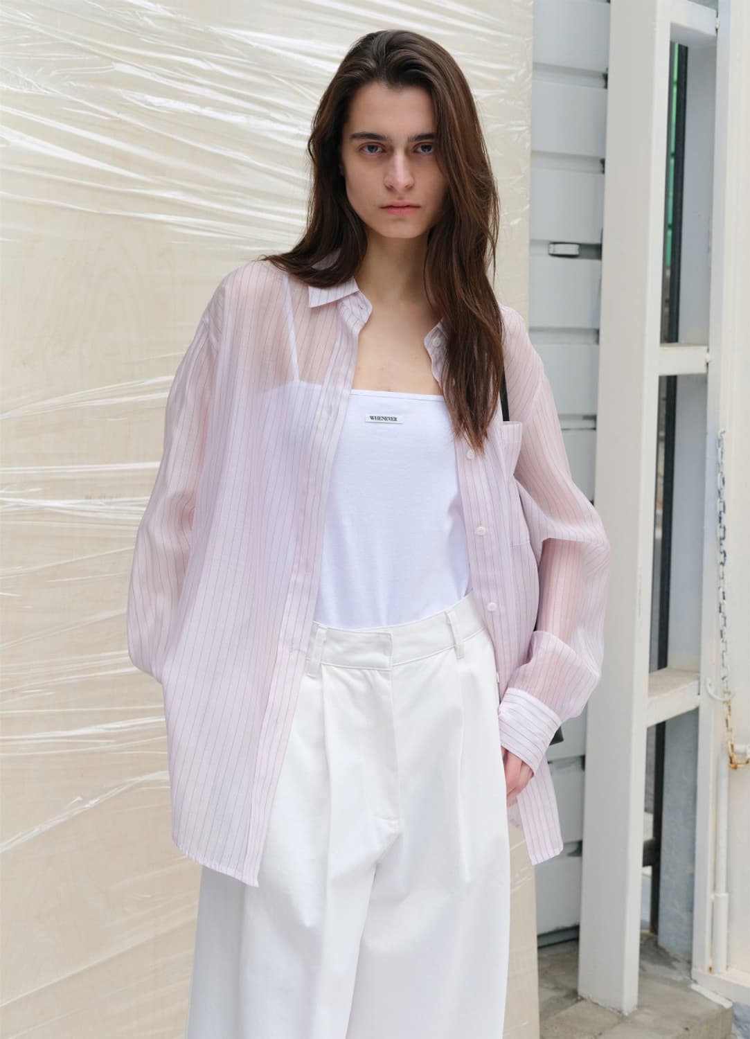르바(LEVAR) Sheer Stripe Over-Shirt - Pink 상품이미지1