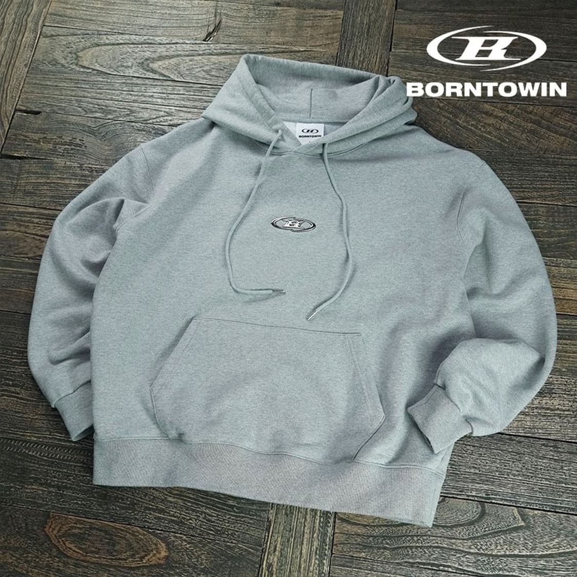 [본투윈] 엠블럼 로고 패치 오버핏 후드티 그레이 M19344 상품이미지1
