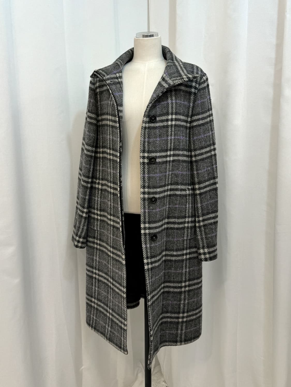 버버리 울 100% 그레이 노바체크 하이넥 롱 코트 상품이미지7