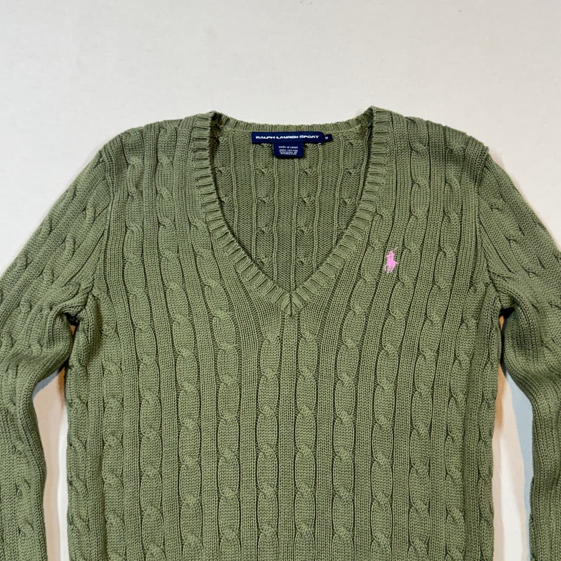 M) 폴로 랄프로렌 코튼 케이블 꽈배기 브이넥 니트 올리브 그린 상품이미지3