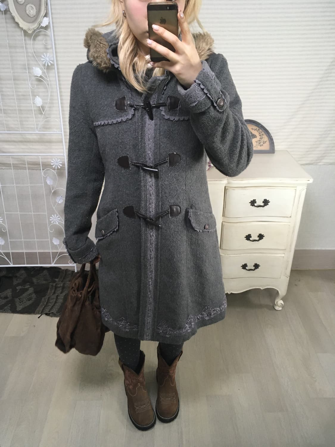 Axe Femme 후드 퍼 떡볶이 코트 그레이 상품이미지2