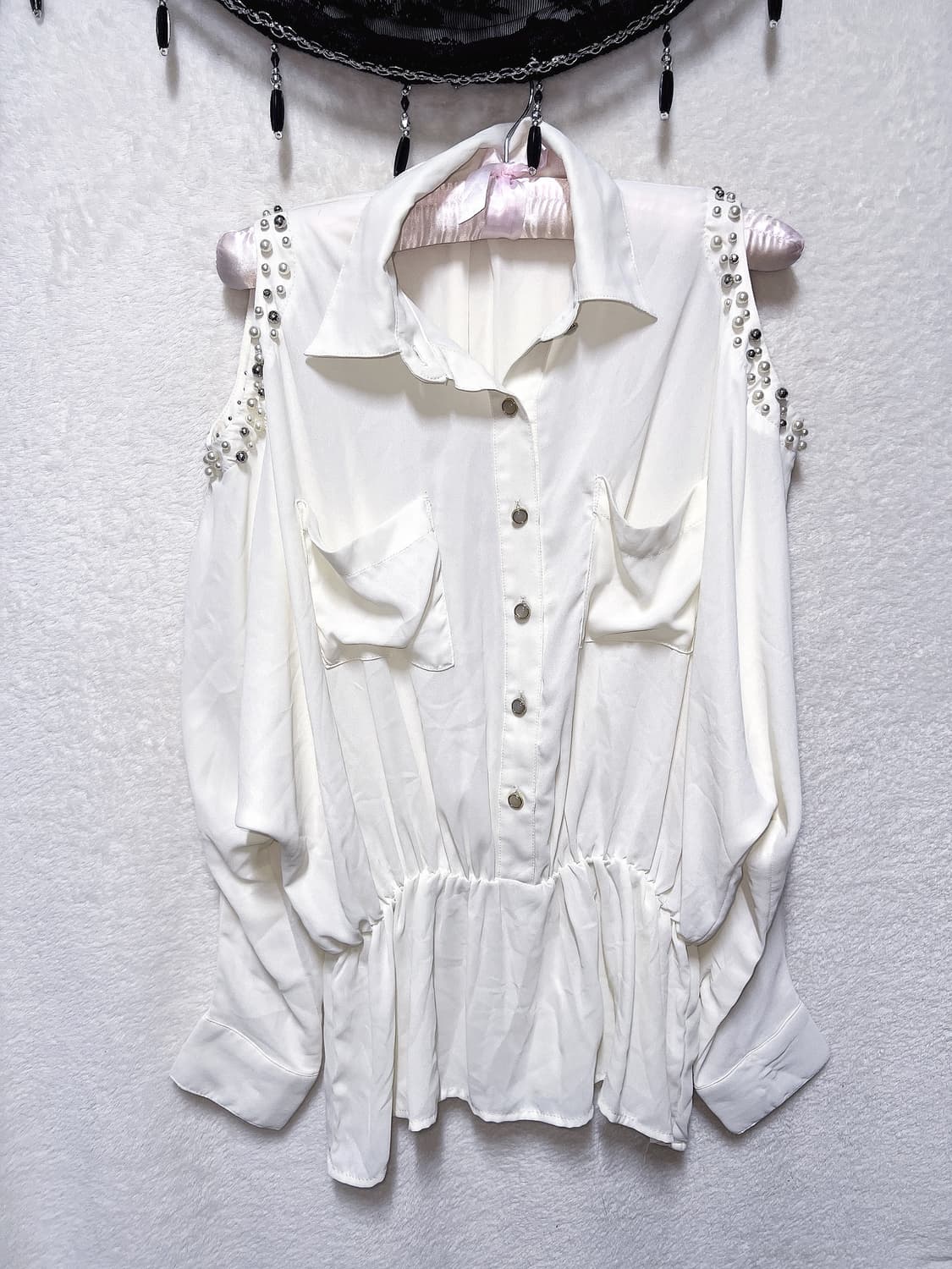 잉그니 진주 숄더트임 쉬폰블라우스 셔츠 튜닉 로맨틱갸루 히메 로걀탑 핀터 상품이미지8