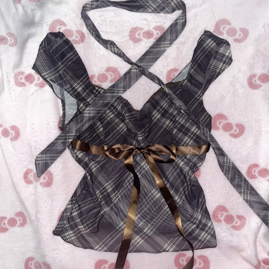 라떼갸루 체크 리본 블라우스 빈티지 상품이미지3