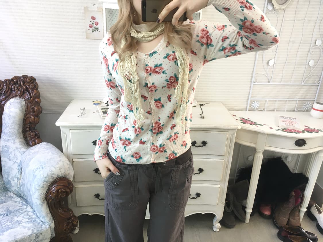 jpn vintage ivory rose dot lace cardigan 상품이미지4