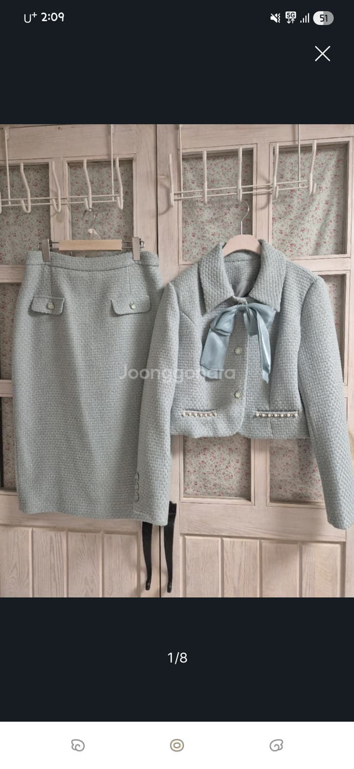 [새상품]울 트위드 진주 리본 셋업 상품이미지1