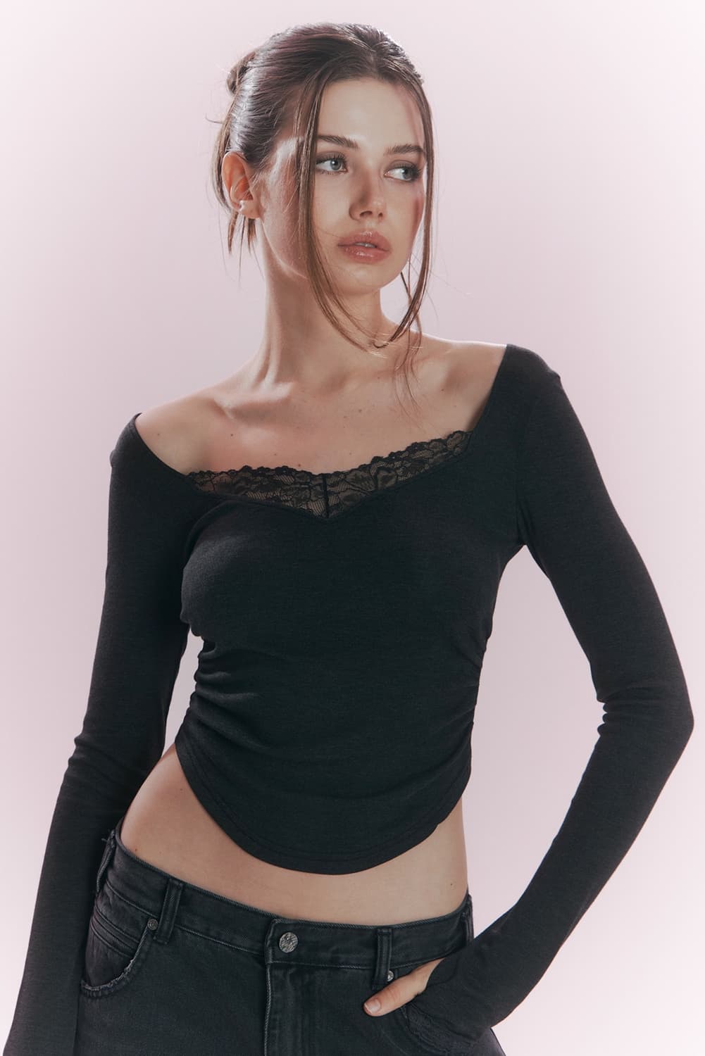 플리즈노팔로우 Vera Lace Shirring Long Sleeve T 상품이미지1