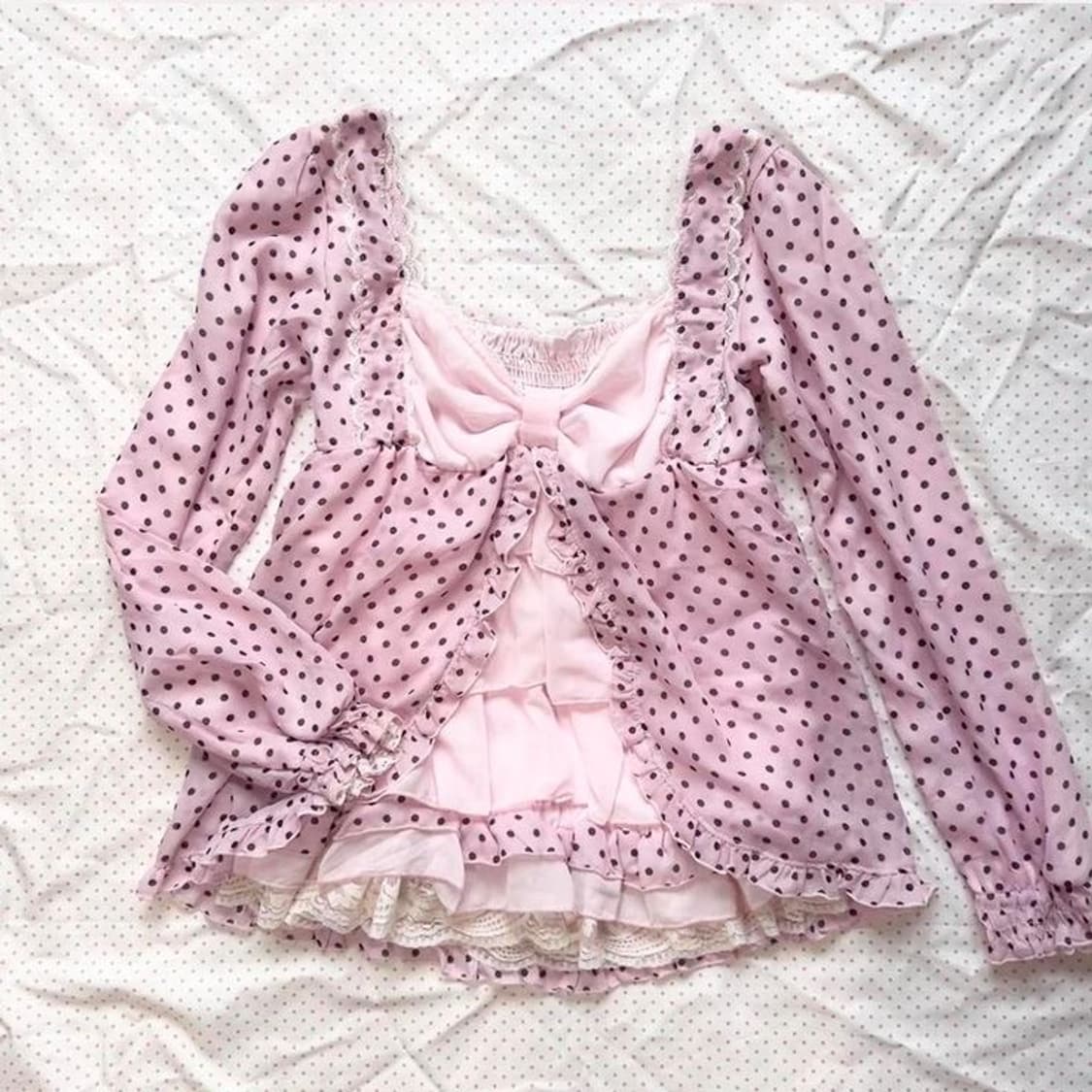 (구해요) 트랄라라 오프숄더 빈티지 히메갸루 핑크 도트 레이스 리본 체인 상품이미지1