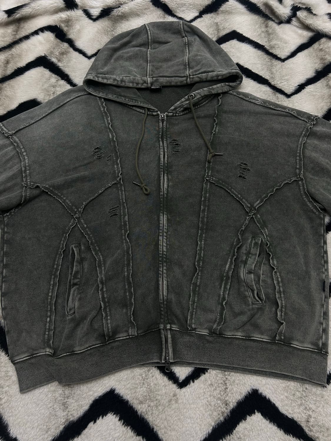 [L]트일리온 오버핏 디스트로이드 후드집업/더티카키 상품이미지2