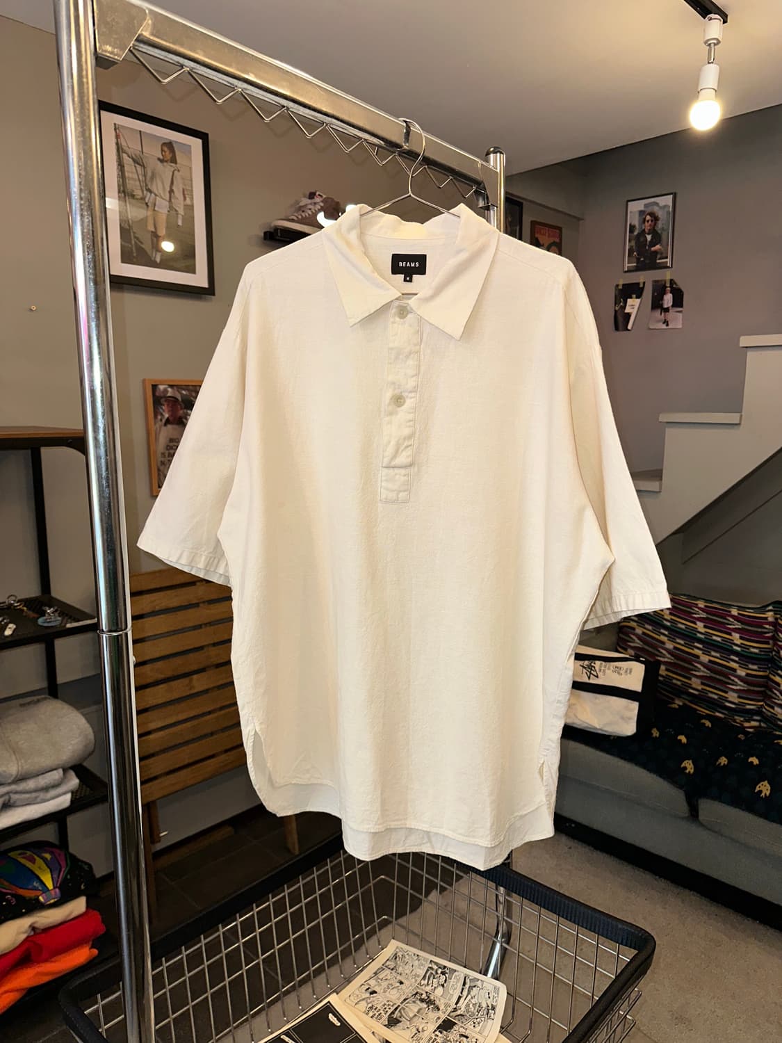 Beams henry-neck material short shirt 상품이미지1