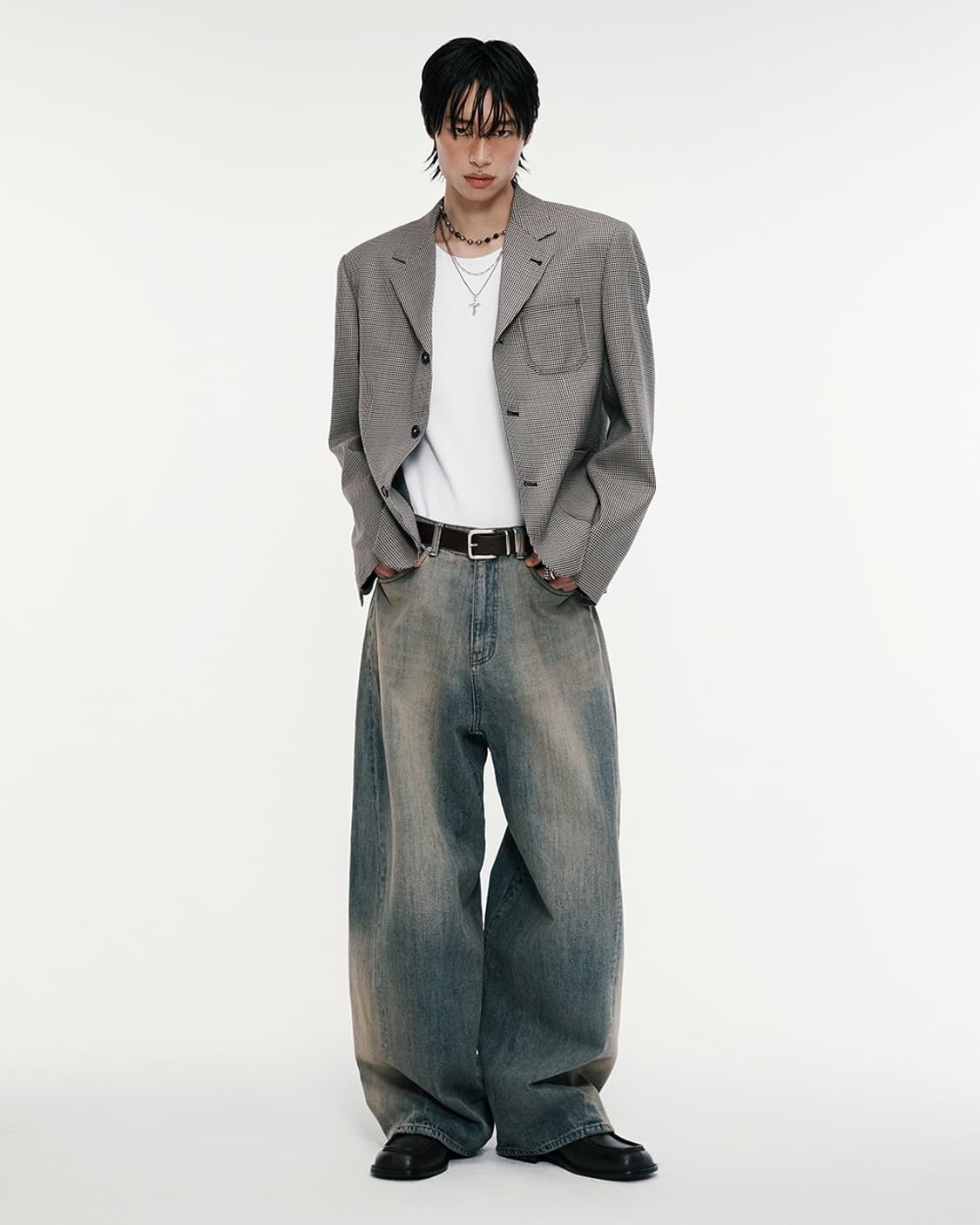 알렌느 3버튼 울 체크 크롭 블레이저 그레이시베이지 2 상품이미지1