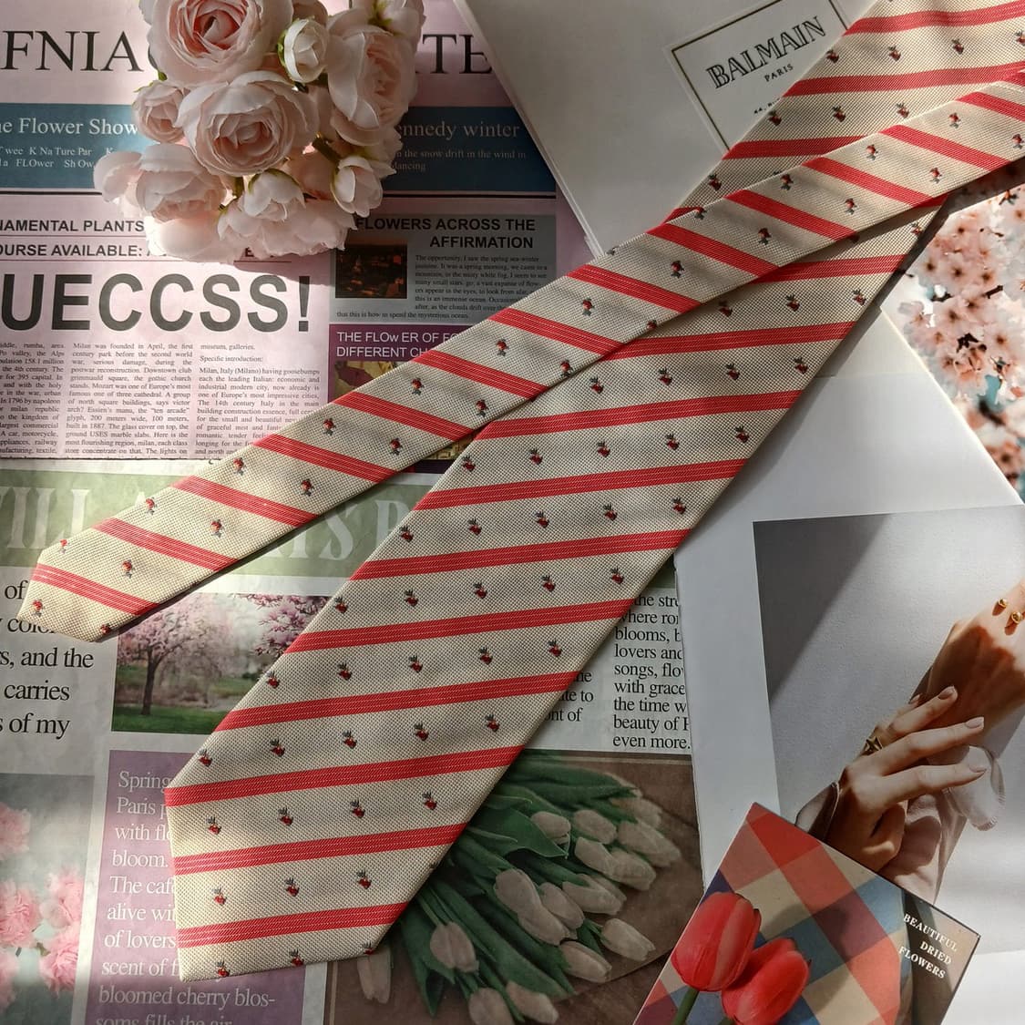 발망 아이보리 스트라이프 자수 넥타이 9.6cm A+등급 A19706 상품이미지5