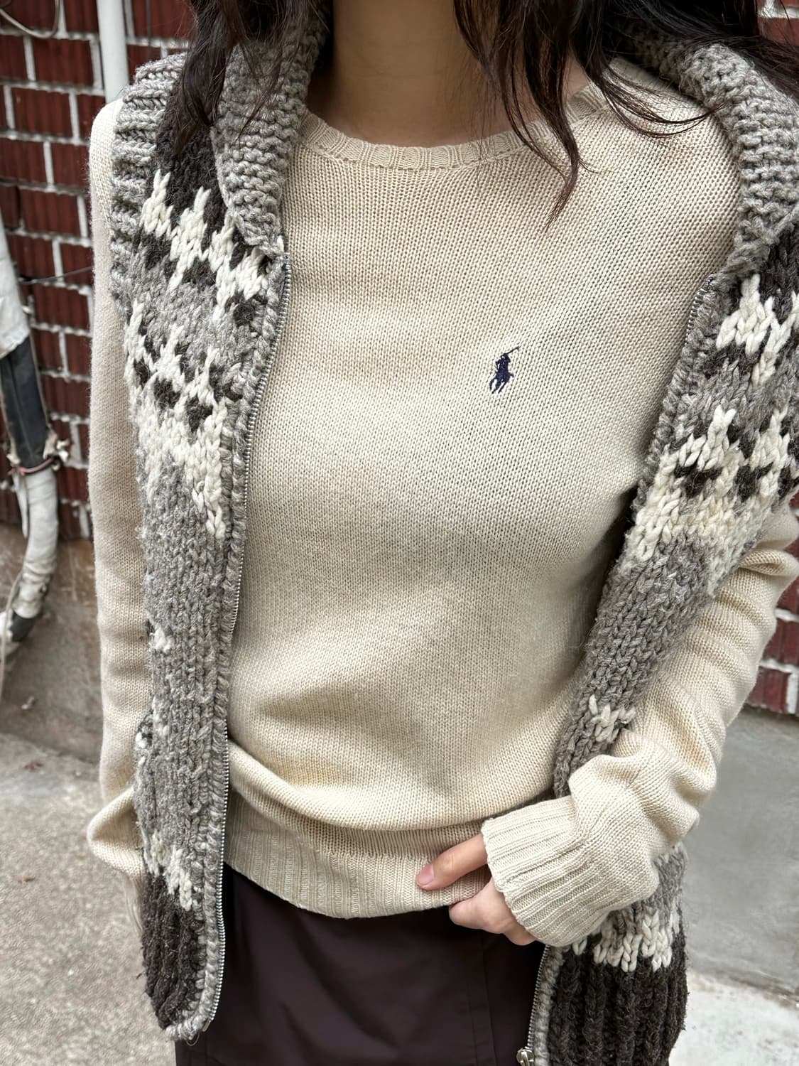 르마드 무스탕 코위찬 니트조끼 집업 폴로 니트 브라운 스커트 코디세트 상품이미지7