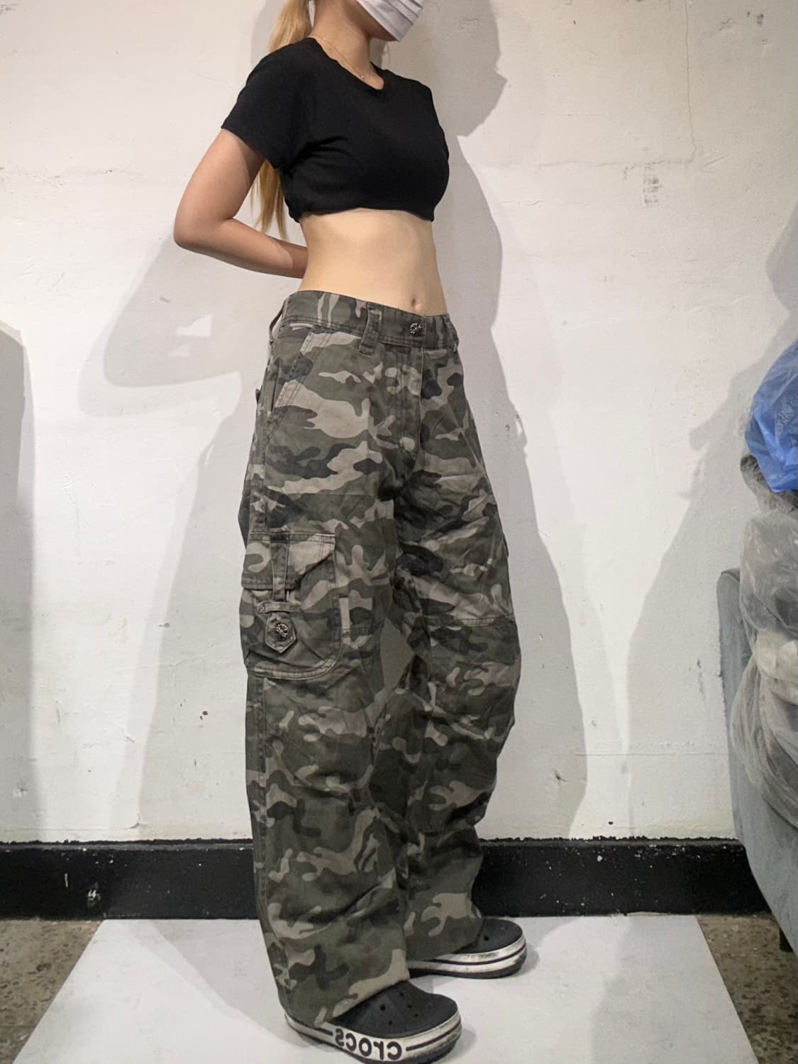 일본 빈티지 카키 카모 밀리터리 와이드 카고 팬츠  상품이미지1