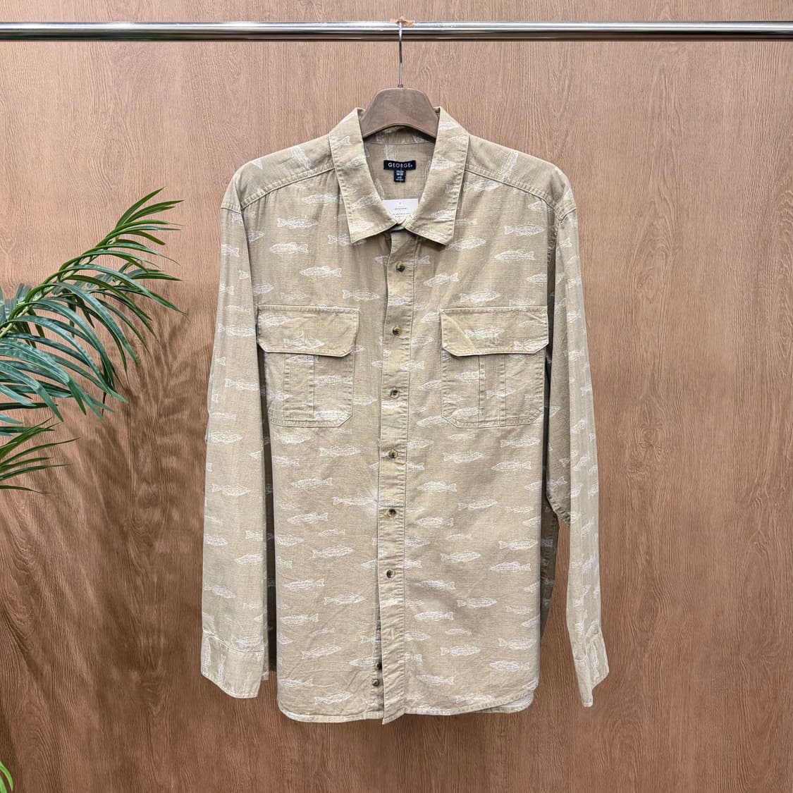 빈티지 코튼 긴팔 셔츠 워싱 피쉬 패턴 프린트 플랩 포켓 디테일 베이지 상품이미지1