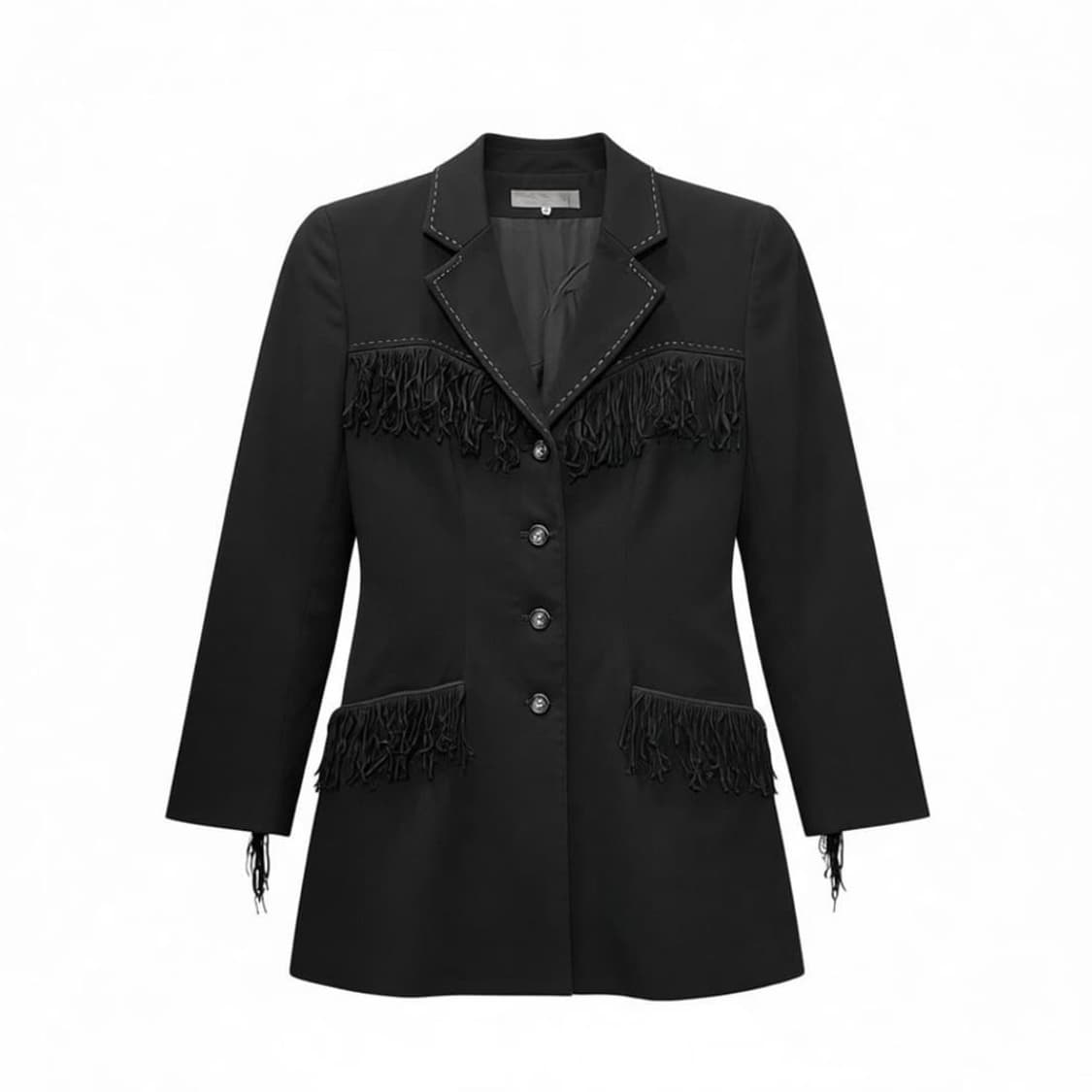 JPN VINTAGE 롱 테일러드 자켓 슬림핏 웨스턴 프린지 디테일 블랙 상품이미지1