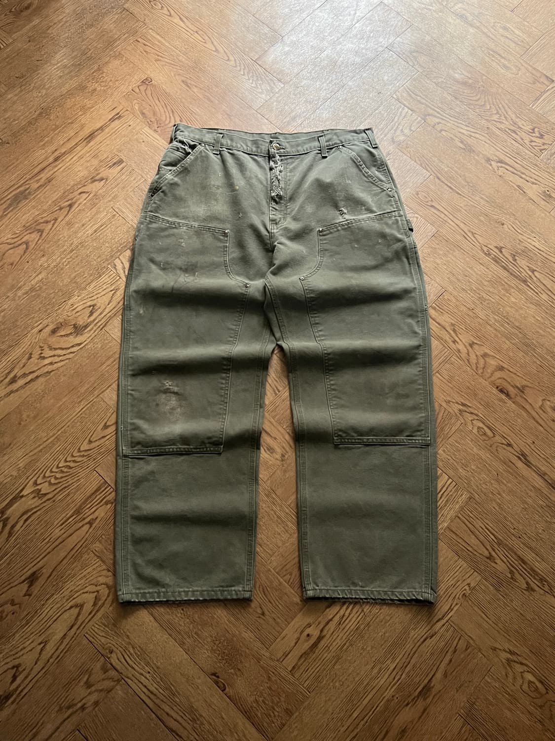 [38]칼하트 USA 더티워싱 모스그린 더블니 워크 팬츠 상품이미지1