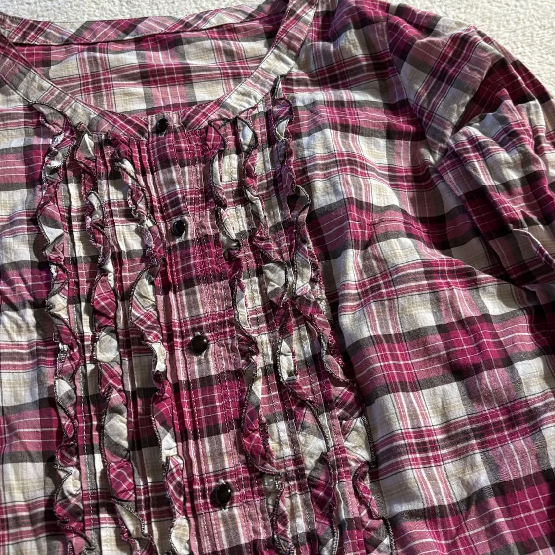 일본빈티지 ANYSIS 핑크 브라운 체크 포인트 셔츠 탑 상품이미지2