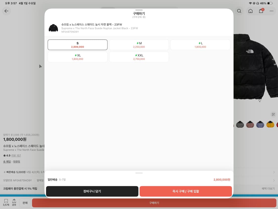 슈프림 노스페이스 스웨이드 패딩 상품이미지2