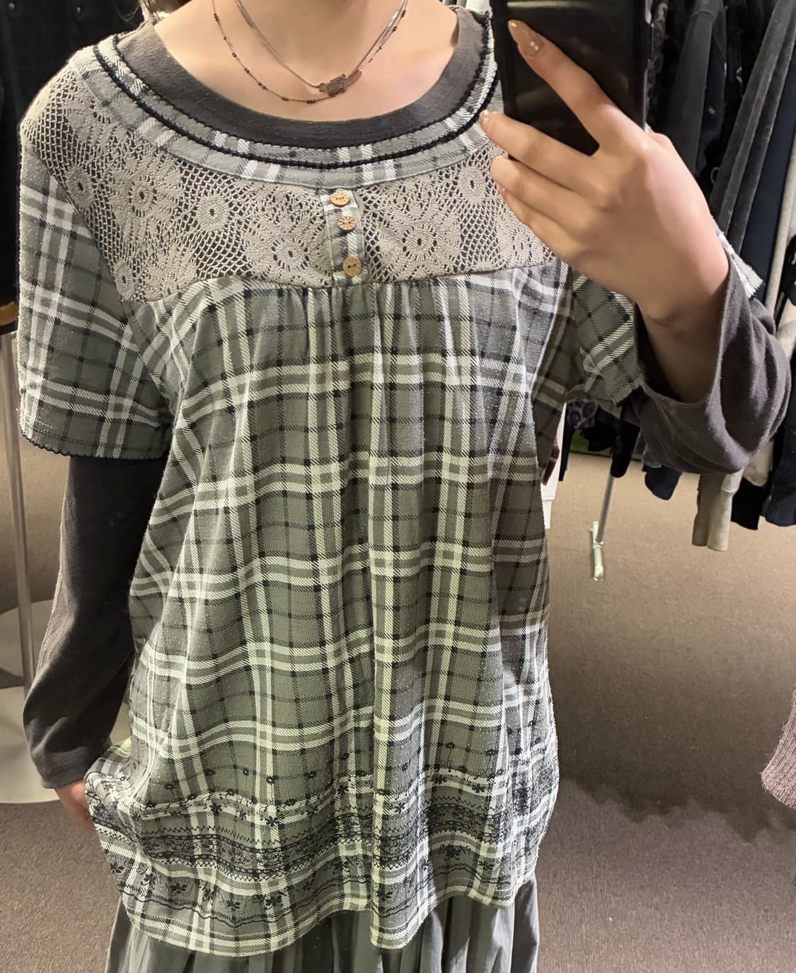 3L) Japanese vintage 여성 레이어드 체크무늬 롱 슬리브 상품이미지1