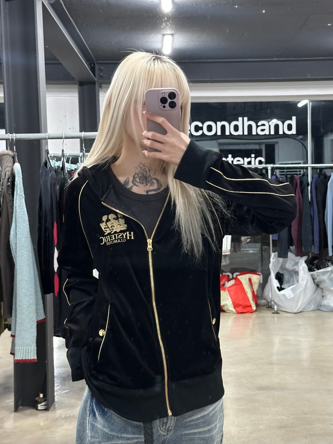 히스테릭 글래머 벨루어 골드자수 후드집업 상품이미지1