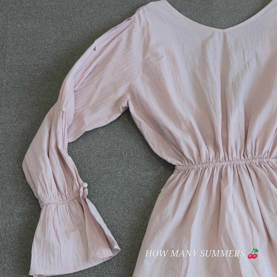 ​면 100% 연핑크 브이넥 리본 벨소매 블라우스 상품이미지7