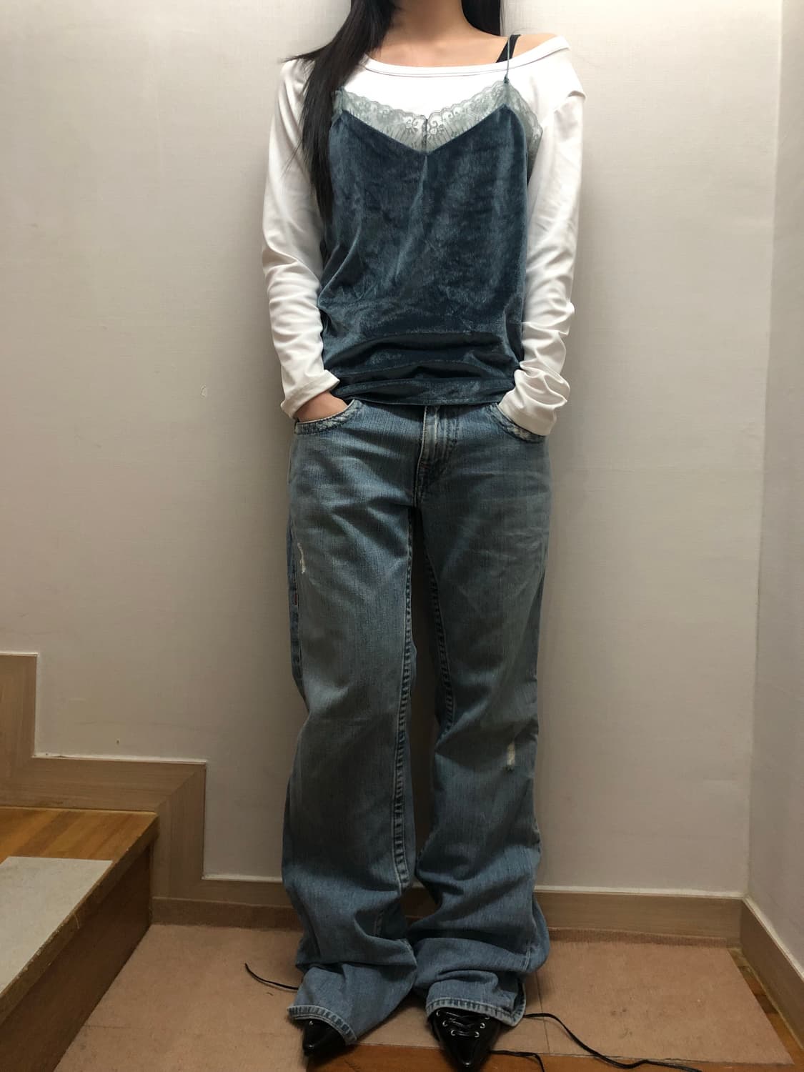 빈티지 블루 벨벳 레이스 슬리브리스 상품이미지4