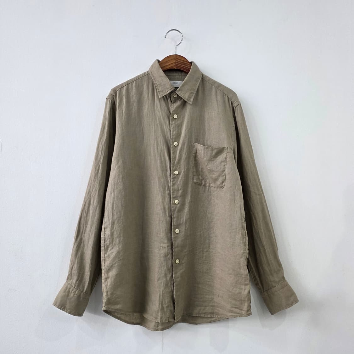 재팬 유니클로 린넨100 카키 베이지 셔츠 남녀공용 상품이미지1
